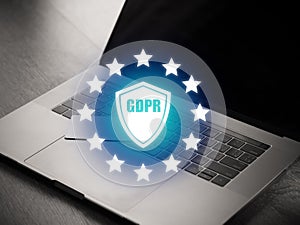 Cyber internet security concept. GDPR and cybersecurity. Protection of private personal data. A person using internet on laptop on