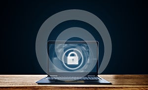 Cyber internet security system. Lock icon technology on computer laptop screen