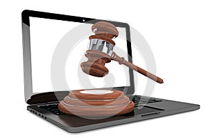 Cyber Law Concept. Moder Laptop with wooden gavel