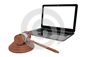 Cyber Law Concept. Moder Laptop with wooden gavel