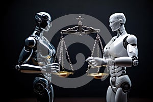 Cyber law concept with robots and a law scale. Generative AI