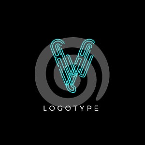 Cyber letter V for digital technology logo concept. Contour circuit style monogram for artificial intelligence product