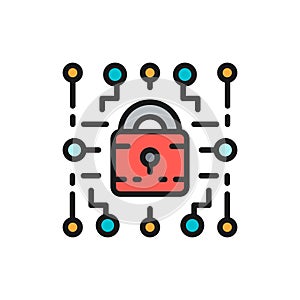 Cyber lock, web security, cryptography flat color line icon.