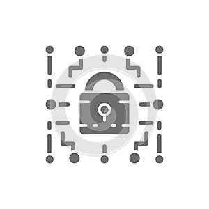 Cyber lock, web security, cryptography grey icon.
