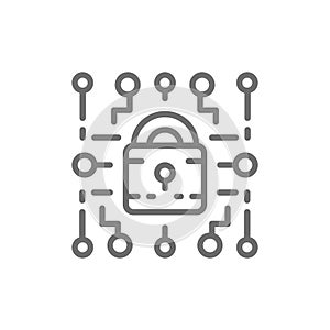 Cyber lock, web security, cryptography line icon.