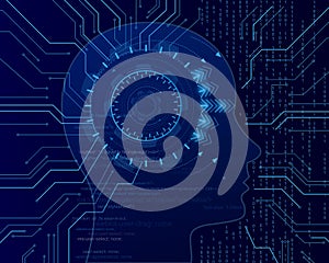 Cyber mind on the binary code background. Big data artificial intelligence. Machine learning in the side head form