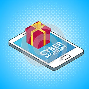 Cyber Monday background. Isometric smartphone with red gift box.