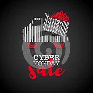 Cyber monday background with shopping truck barcode. Sale concept. Dark background, Vector illustration