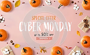 Cyber Monday banner with autumn pumpkins with present boxes