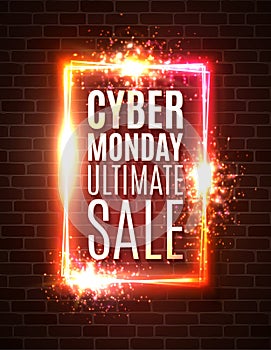 Cyber Monday banner on brick wall. Ultimate sale.
