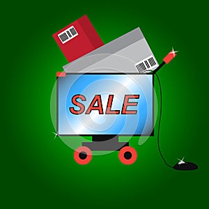 Cyber Monday. Banner. A computer monitor in the form of a shopping cart on wheels with purchases. Sale on the screen