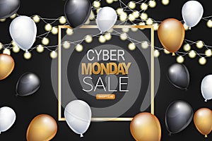 Cyber Monday banner design template. Big sale advertising promo concept with balloons, glowing garland, shop now button, and typog