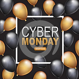 Cyber Monday banner design template. Big sale advertising promo concept with balloons, shop now button, and typography text in a f