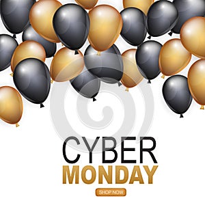 Cyber Monday banner design template. Big sale advertising promo concept with balloons, shop now button and typography text.