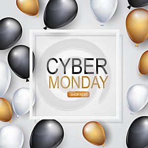 Cyber Monday banner design template. Big sale advertising promo concept with balloons, shop now button, and typography text. Websi