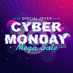 Cyber Monday banner with retro neon design and shop button concept photo