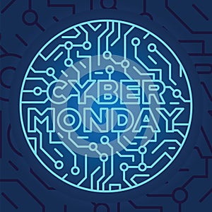 Cyber monday on blue electrical circuit background. Cyber monday sale and discount in web shop and online internet store