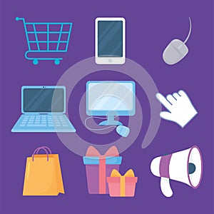 Cyber monday, computer mobile megaphone bag cart gifts icons