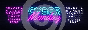 Cyber Monday concept banner in fashionable neon style, luminous signboard, nightly advertising of sales rebates of cyber