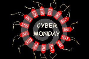 Cyber monday holiday. Red shopping sale discount labels