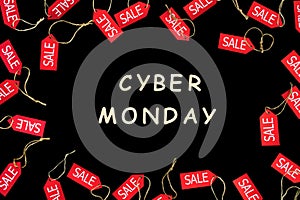 Cyber monday holiday. Red shopping sale discount labels