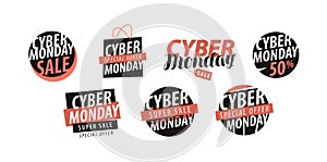 Cyber Monday logo or label. Sale, closeout, shopping set of icons. Vector illustration