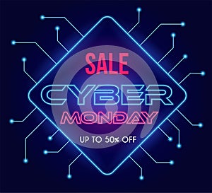 Cyber Monday modern tech vector poster design with text. Seasonal sale up to 50 percent off neon banner template.