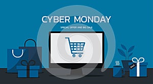 Cyber Monday online promotion sale web banner concept on computer screen