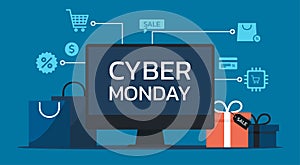 Cyber Monday online sale concept on computer screen with shopping bags