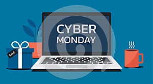 Cyber Monday online sale web banner concept on laptop computer screen