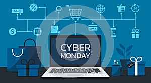 Cyber Monday online sale web banner concept on laptop computer screen with shopping bags