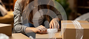 Cyber Monday packaging: Woman diligently prepares a parcel for the upcoming online sales.