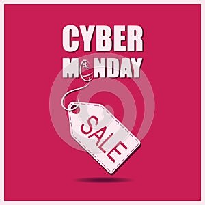 Cyber Monday. PC mouse and whiter label or price tag on red background.