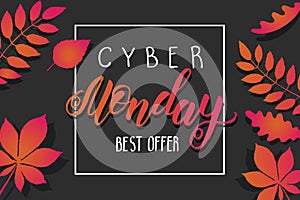 Cyber Monday Sale background with  autumn leaves and handwritting trendy lettering. Best offer. Vector illustration photo