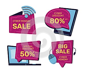 Cyber Monday Sale Badges Set with Gadget Symbols in Flat Design Style