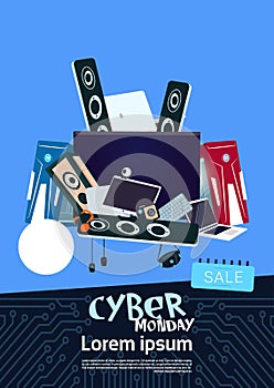 Cyber Monday Sale Banner Design With Pile Of Modern Electronics Gadgets