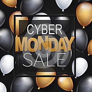 Cyber Monday Sale banner design template. Big discount advertising promo concept with balloons, shop now button, and typography te