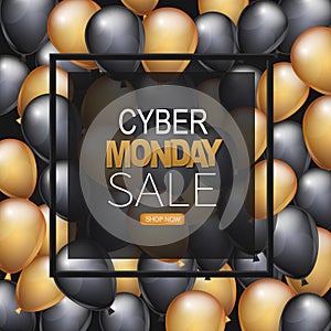Cyber Monday Sale banner design template. Big sale advertising promo concept with balloons, shop now button, and typography text i