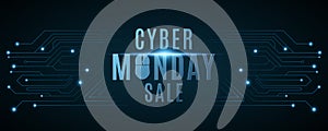 Cyber Monday sale banner. Hi-tech background from a computer circuit board. Computer mouse. Glowing neon blue connecting lines