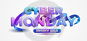 Cyber Monday sale banner with realistic 3d colorful ribbon