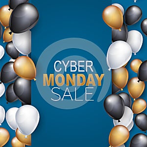 Cyber Monday sale banner. Special offer discount. blue background with glowing garland lights and white, red, and black balloons