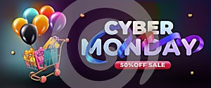 Cyber monday sale banner template, Holiday event sale background with shopping carts, balloons, gift box, shopping bags and curve