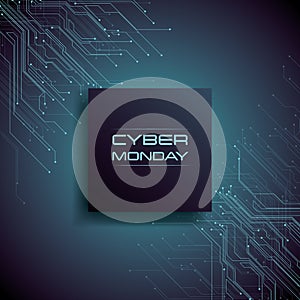 Cyber Monday sale banner vector concept with modern pcb circuit lines in background. Digital store, e-shop deals and