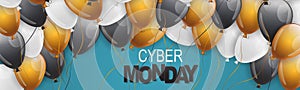 Cyber Monday sale banner. Website or newsletter header. Special offer discount.Lettering on blue background with balloons.