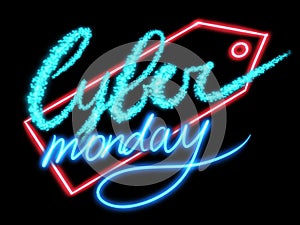 Cyber Monday sale concept.Handwritten neon sign Cyber Monday on red tag on black background, modern illustration. Big sale,