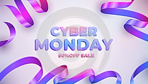 Cyber Monday sale design background. Bright banner with colorful ribbon frame