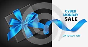 Cyber monday sale design template. Text with black gift box and blue bow with long ribbon. Vector illustration