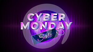 Cyber monday sale flyer. Bright cyber monday banner with sale price tag. Special offer price sign. Glowing neon background, vector