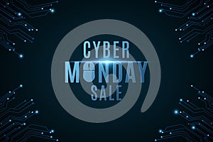 Cyber Monday Sale. High-tech background from a computer circuit board. Computer mouse. Glowing neon blue connecting lines with