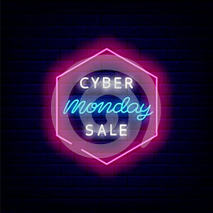 Cyber monday sale neon emblem. Hexagon frame. Luminous sign. Outer glowing effect logo. Vector stock illustration